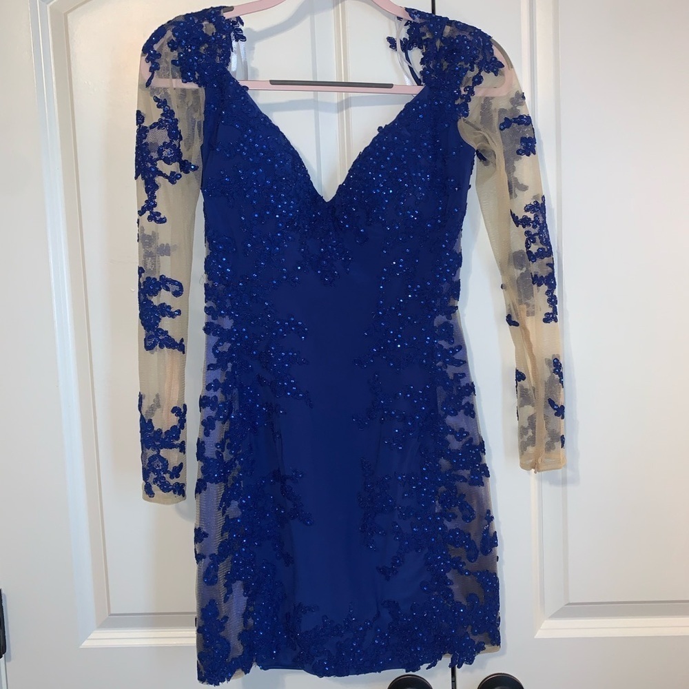 Max Duggal Blue Sequin long sleeve dress